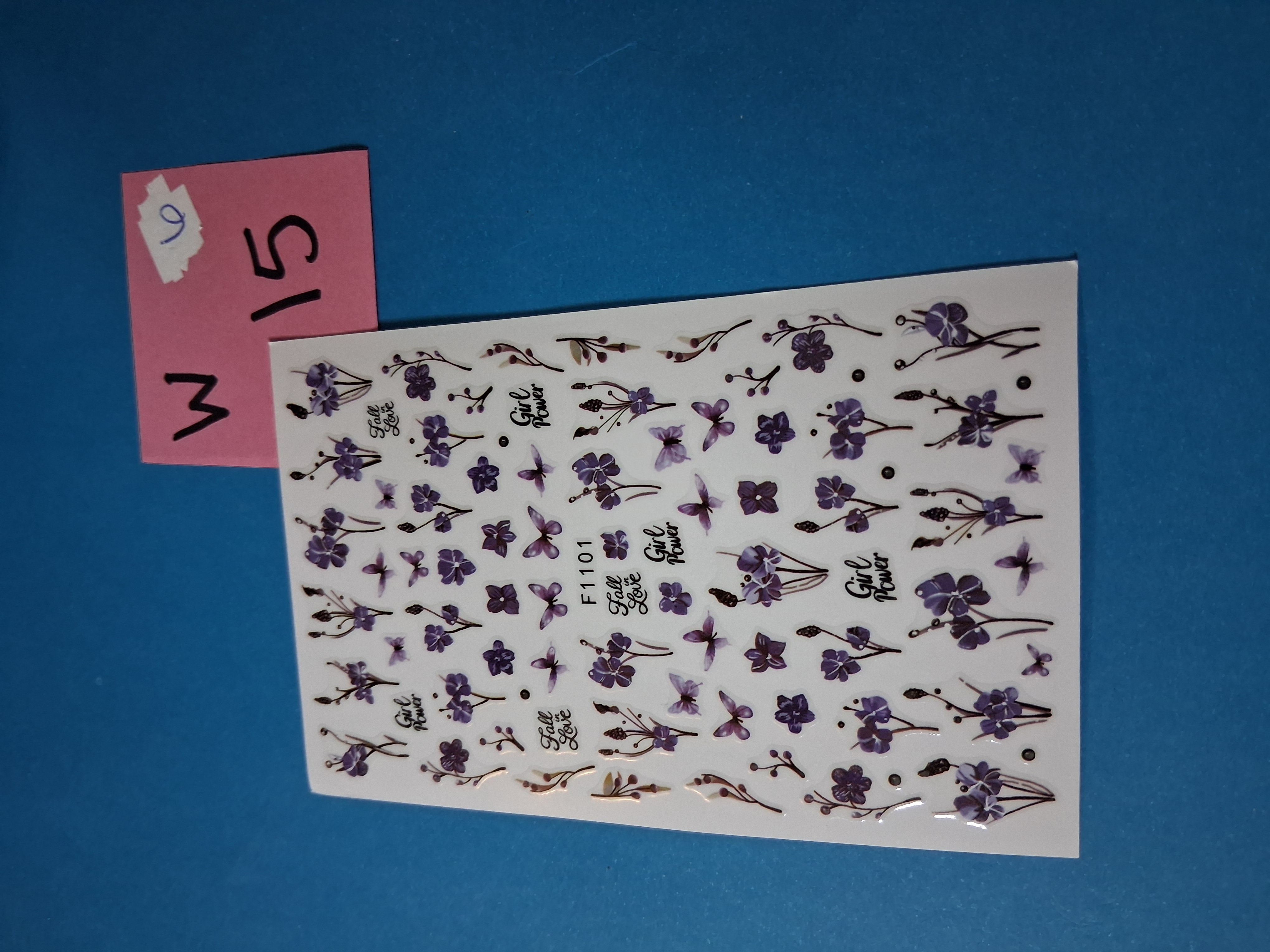Nail Art Stickers — INV 15W-6 Purple Flowers & Butterflies "Girl Power" (F1101, 1 sheet)